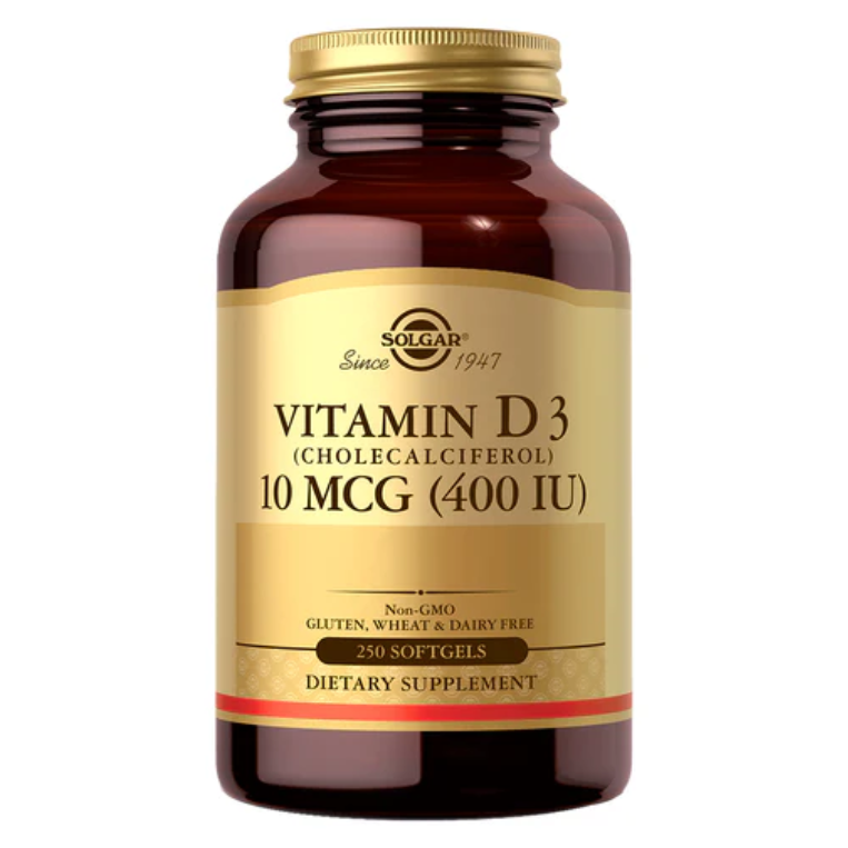 Envase de Vitamina D3 400 UI de Solgar con 250 softgels.