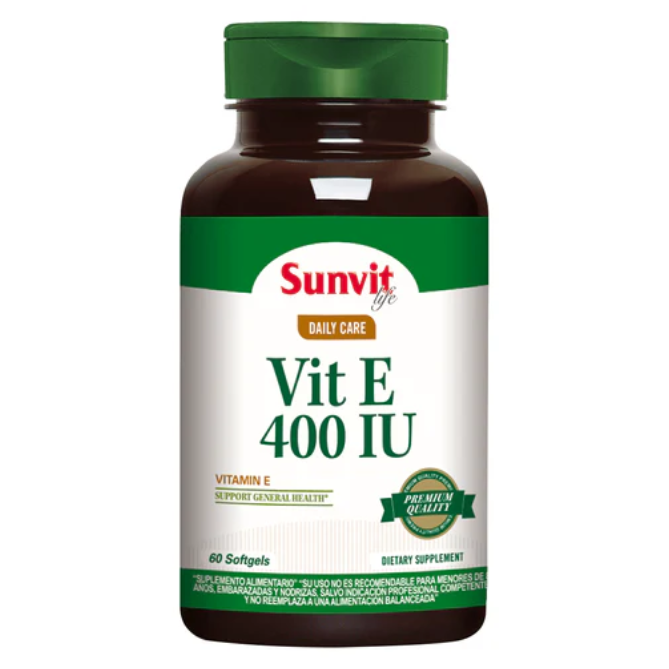 Suplemento de vitamina E 400 UI Sunvit Life en frascos con 60 softgels, muestra las cápsulas de vitamina en la imagen.