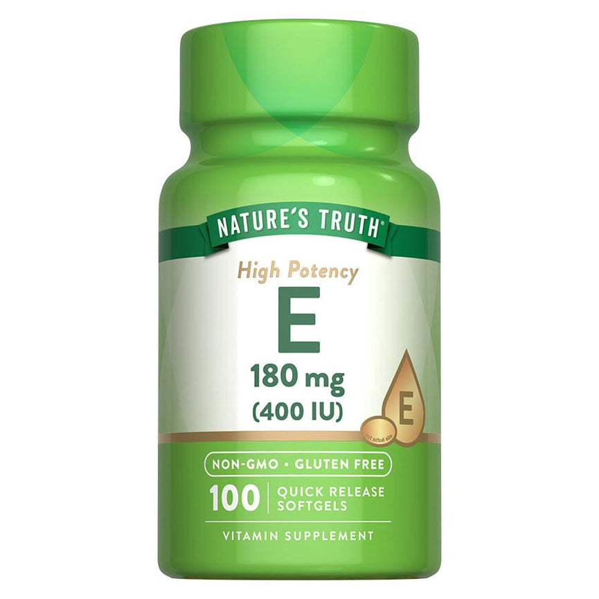 Suplemento de vitamina E 400 IU en envase de 100 softgels de Nature's Truth, con cápsulas blandas para la salud y bienestar.