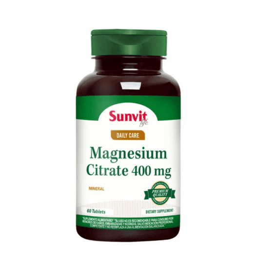 Frasco de Magnesio Citrato 400 mg de Sunvit Life, una de las opciones de citrato comparadas en esta guía
