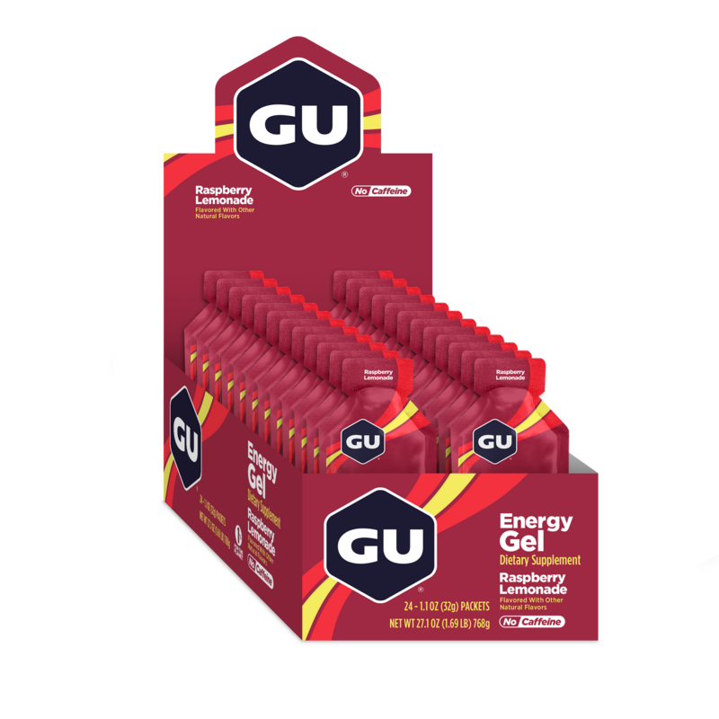 Gel energético sin cafeína GU, caja con 24 unidades de sabor variado, ideal para snacks y resistencia durante ejercicio.