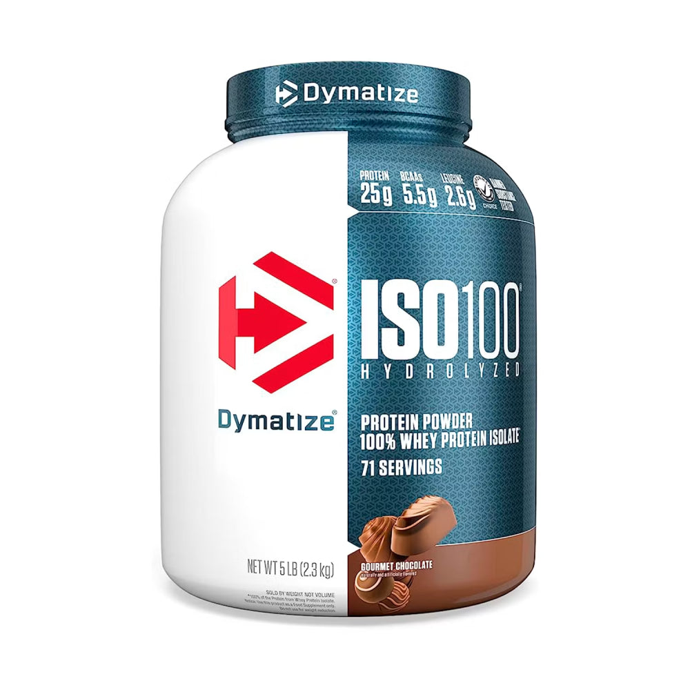 Proteína hidrolizada y aislada ISO 100 de Dymatize, polvo de proteína en envase de 5 lb, para deportistas y fitness.