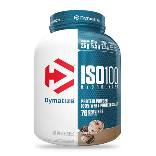 Proteína hidrolizada y aislada ISO 100 de Dymatize, polvo de proteína para recuperación muscular, en envase de 5 libras.