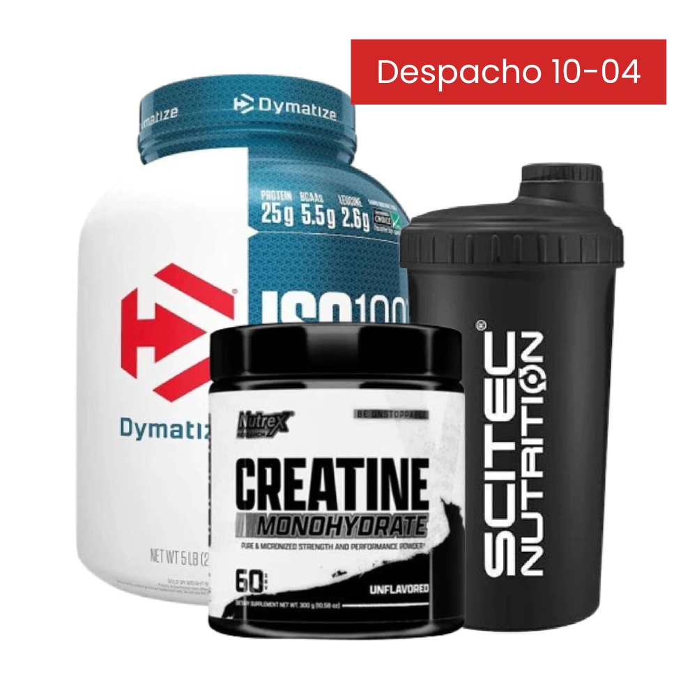 Paquete de proteínas ISO 100 de Dymatize, con polvo de proteína en envase blanco y negro, listo para preparar batidos deportivos.