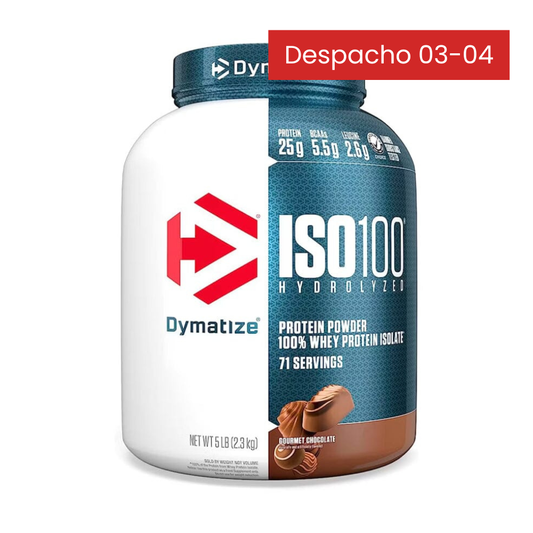 Proteína hidrolizada y aislada ISO 100 de Dymatize, envase con polvo proteico para deportistas en presentación de 25g.