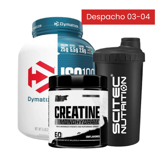 Paquete de proteínas ISO 100 de Dymatize, con sobres individuales de polvo de proteína de suero en envase blanco.