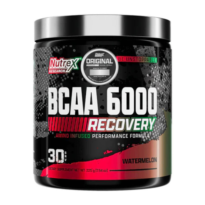 Aminoácidos BCAA 6000 Recovery de Nutrex en botella con cápsulas para recuperación muscular.