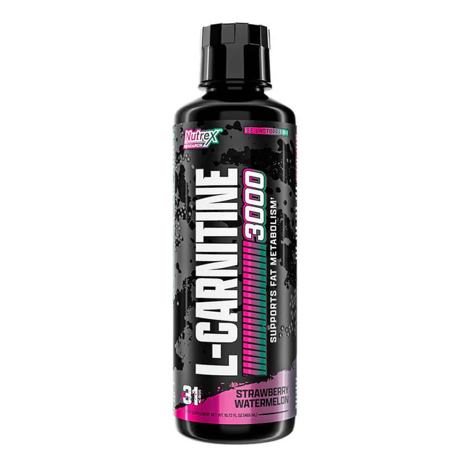 Botella de L-Carnitina 3000 líquida de Nutrex con etiqueta visible.