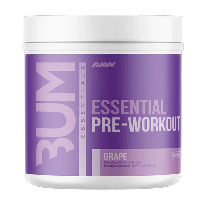 Pre-entrenamiento CBUM Essential de RAW Nutrition con sabor a uva en envase blanco y morado.