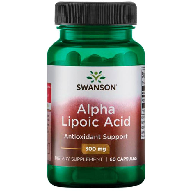 Capsulas de ácido alfa lipoico de 300 mg de la marca Swanson, suplemento de vitaminas y salud en envase de 60 cápsulas.