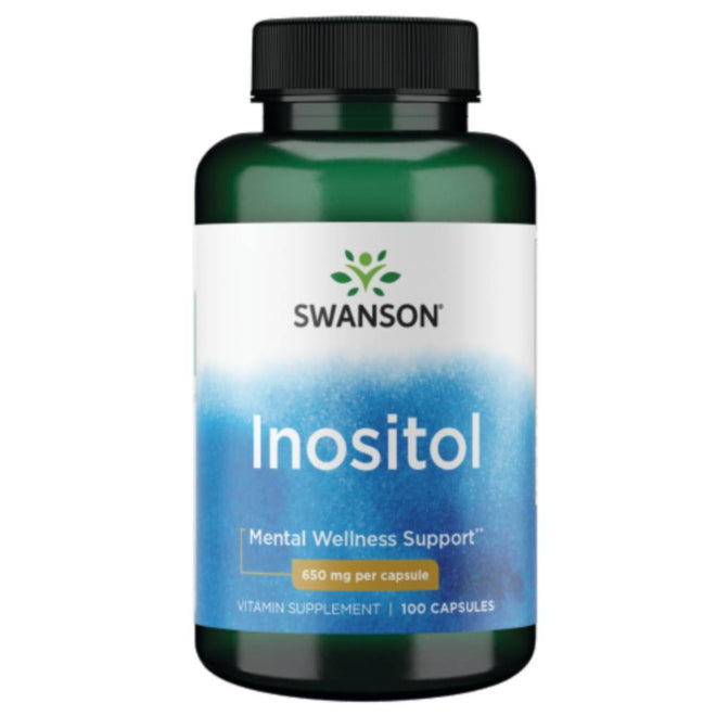 Capsulas de inositol de 650 mg de la marca Swanson, en envase con 100 cápsulas, para bienestar y salud.