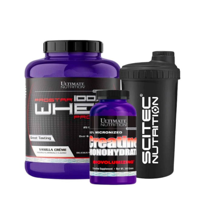Paquete de proteínas Ultimate Power de Ultimate Nutrition, varias bolsas de polvo de proteína en envases blancos con etiquetas.