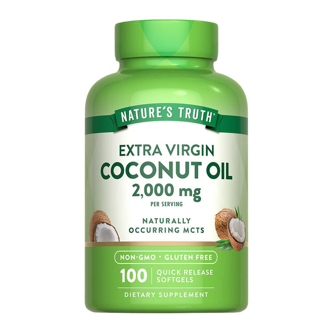 Suplemento de aceite de coco extra virgen Nature's Truth, 2000 mg, en 100 softgels, en frasco transparente sobre fondo blanco.