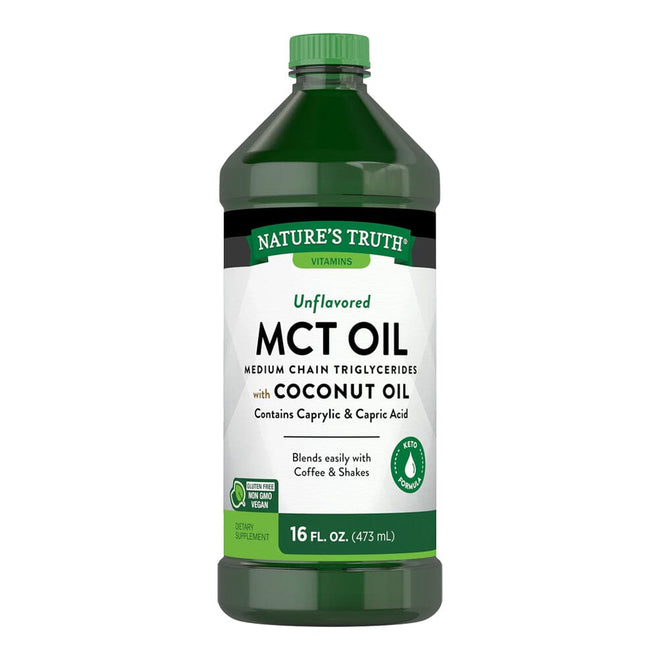 Aceite MCT líquido de Nature's Truth en botella de 473 ml, sin sabor, ideal para salud y bienestar.