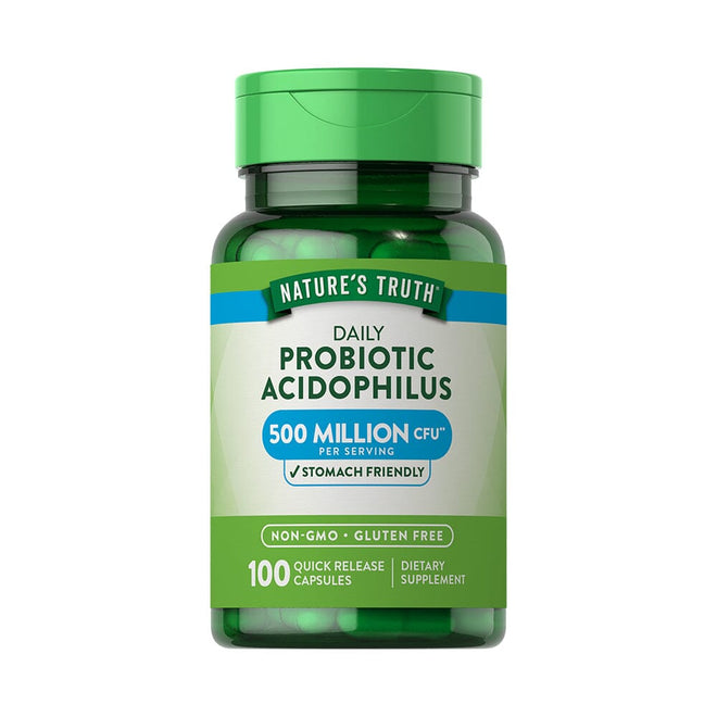 Frasco del probiótico Acidophilus de Nature's Truth, 100 cápsulas de 500 millones de UFC.