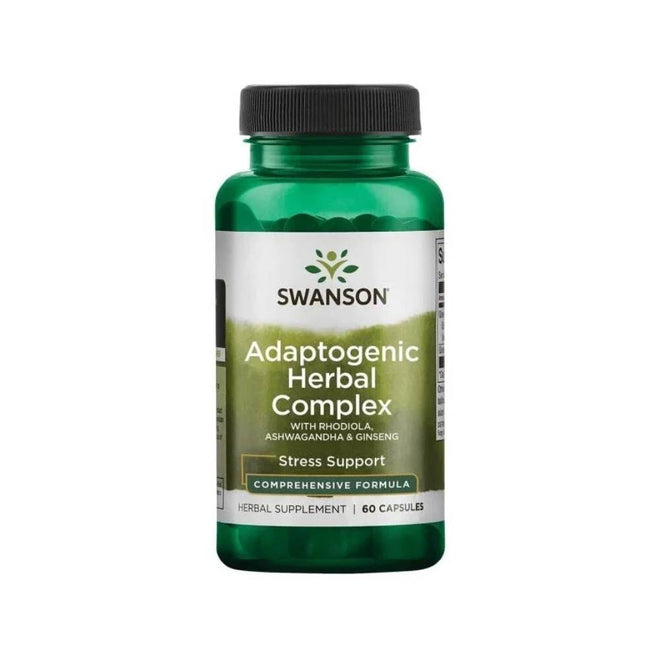Complemento adaptógeno Swanson con Rhodiola, Ashwagandha y Ginseng en cápsulas, para bienestar y salud natural.