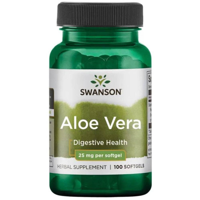 Suplemento de aloe vera 25 mg en 100 softgels de Swanson, vitaminas y salud, mostrando las softgels en la botella.