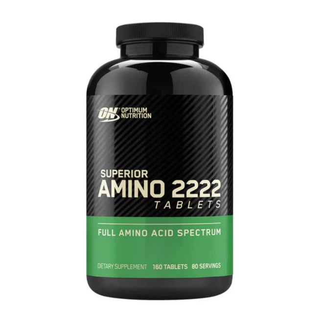 Amino 2222 de Optimum Nutrition, frascos con 160 tabletas de aminoácidos para recuperación muscular.