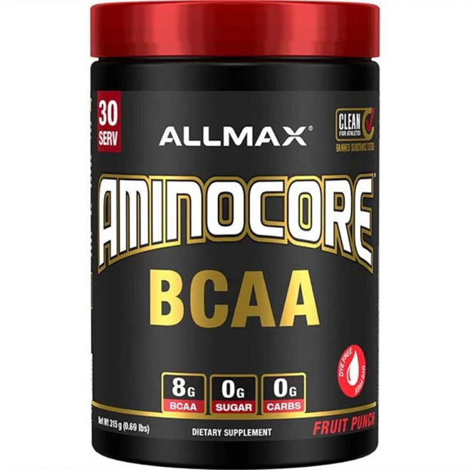 Aminoácidos Aminocore BCAA de 315 g de Allmax en sabor uva, suplemento de aminoácidos para recuperación muscular.