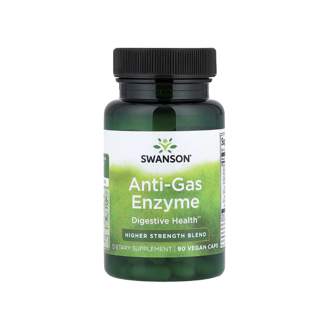 Cápsulas vegetales de Anti-Gas Enzyme de Swanson, 40 mg por cápsula, envase con 90 cápsulas.