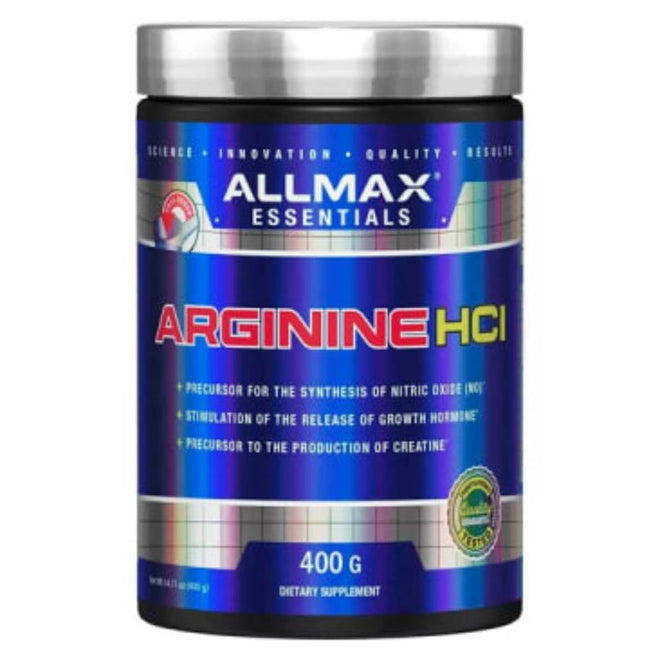 Aminoácidos Arginina HCl de 400 g de la marca Allmax, polvo blanco en envase de plástico.