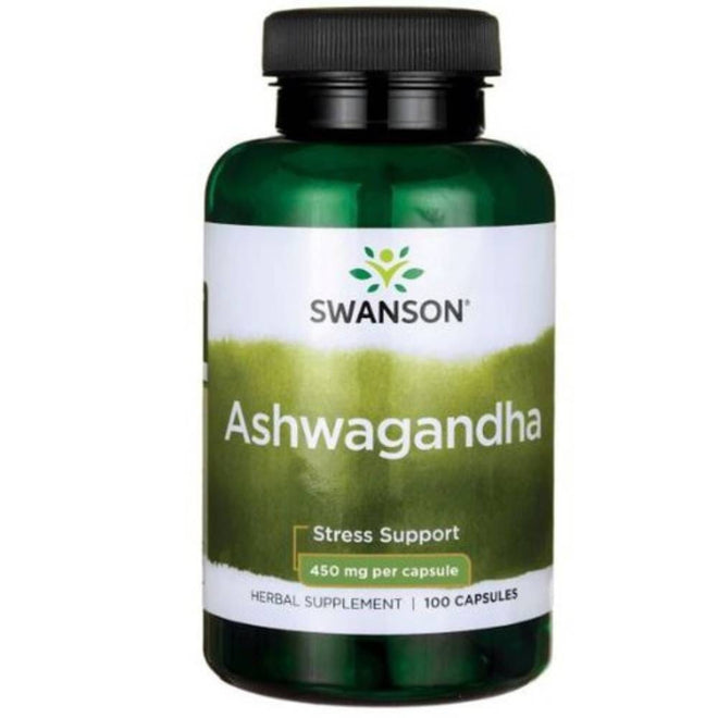 Cápsulas de ashwagandha Swanson de 450 mg en frascos, suplemento de vitaminas y salud para bienestar natural.