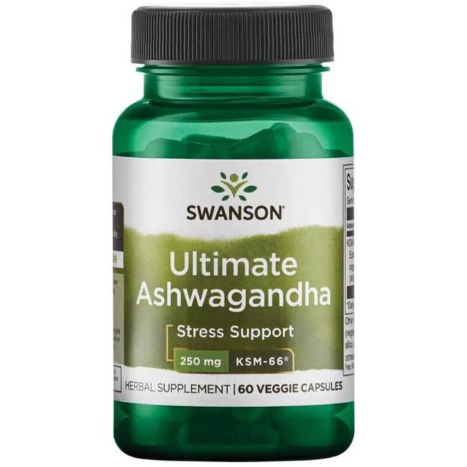 Cápsulas vegetarianas de Ashwagandha KSM-66 250mg de Swanson, suplemento de vitaminas y salud en envase de 60 cápsulas.