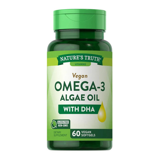 Suplemento de Omega 3 vegano con aceite de algas y DHA en 60 cápsulas veggie, de la marca Nature's Truth.