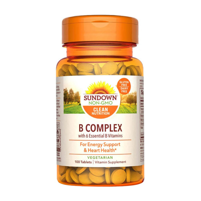 Tabletas de B-Complex 100 de Sundown Naturals, vitaminas y salud, con 100 cápsulas en un frasco.