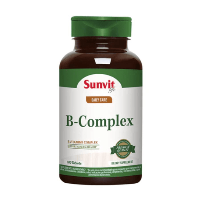 Tabletas de B-complex 100 de Sunvit Life, vitaminas y salud, con packaging y cantidad visible en la imagen.