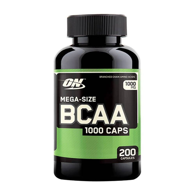 Suplemento de aminoácidos BCAA 1000 ON en 200 cápsulas de Optimum Nutrition, mostrando las cápsulas en un frasco.