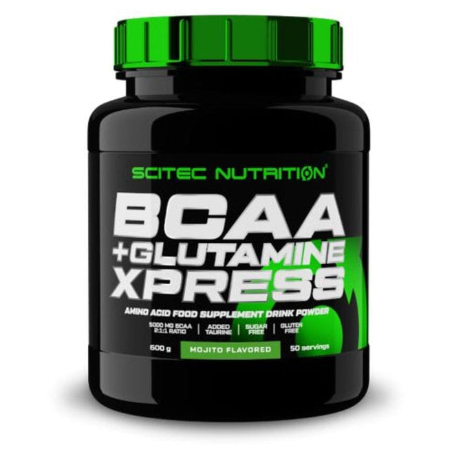 Aminoácidos BCAA y glutamina Xpress de 600 g de Scitec Nutrition, en envase con polvo blanco y tapa negra.