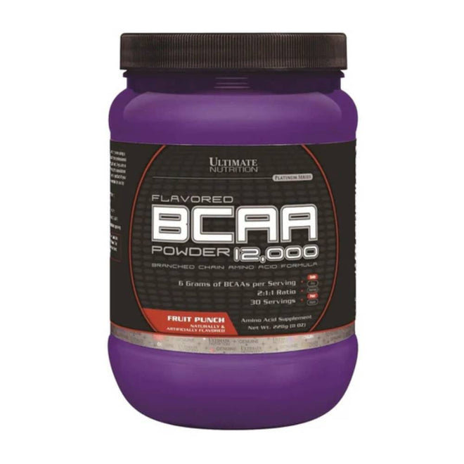 BCAA Powder 12.000 de Ultimate Nutrition sabor Fruit Punch, aminoácidos en polvo de 228 g para recuperación muscular.