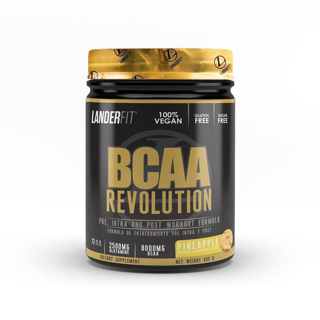 Aminoácidos BCAA Revolution 12:1:1 de Landerfit, frasco con 30 servicios, sabor piña, suplemento para deporte y recuperación.
