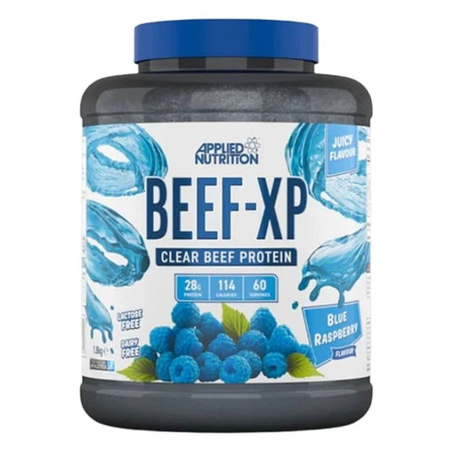 Polvo de proteína Beef-XP Applied Nutrition sabor frambuesa azul, 4 libras, en envase con etiqueta azul y logotipo de la marca.