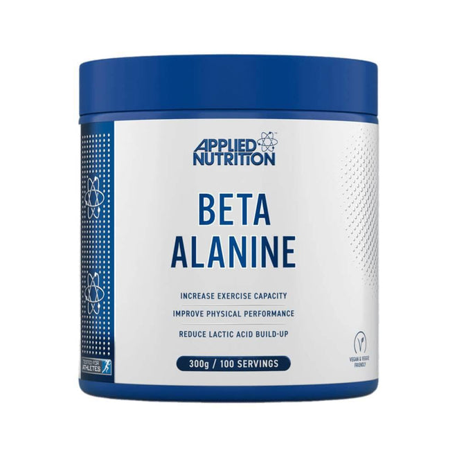 Beta Alanina 300 g de Applied Nutrition, suplemento pre-entrenamiento con polvo de aminoácidos en envase rojo y blanco.