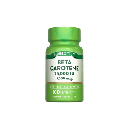 Suplemento de Betacaroteno 25,000 UI en cápsulas blandas de Nature's Truth para salud y vitaminas, vista en envase con cápsulas.