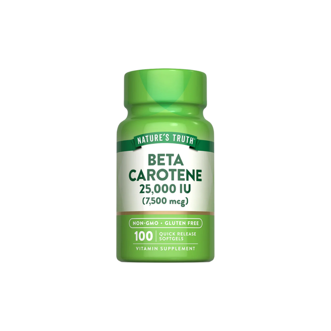 Suplemento de Betacaroteno 25,000 UI en cápsulas blandas de Nature's Truth para salud y vitaminas, vista en envase con cápsulas.