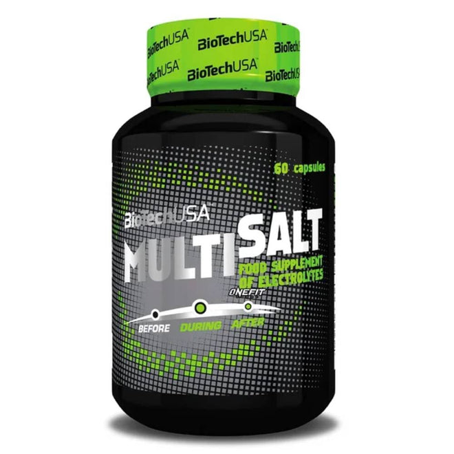 Cápsulas de Multi Salt Electrolitos de BiotechUSA, suplemento de snacks y endurance para reponer sales minerales.