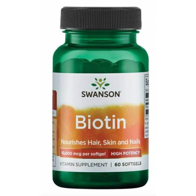 Frasco de Biotina de Swanson con 60 softgels, 10.000 mcg por softgel.