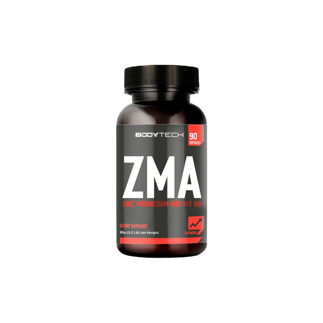 Suplemento de Vitaminas y Salud BodyTech ZMA en 90 cápsulas, con ingredientes para recuperación muscular y bienestar.
