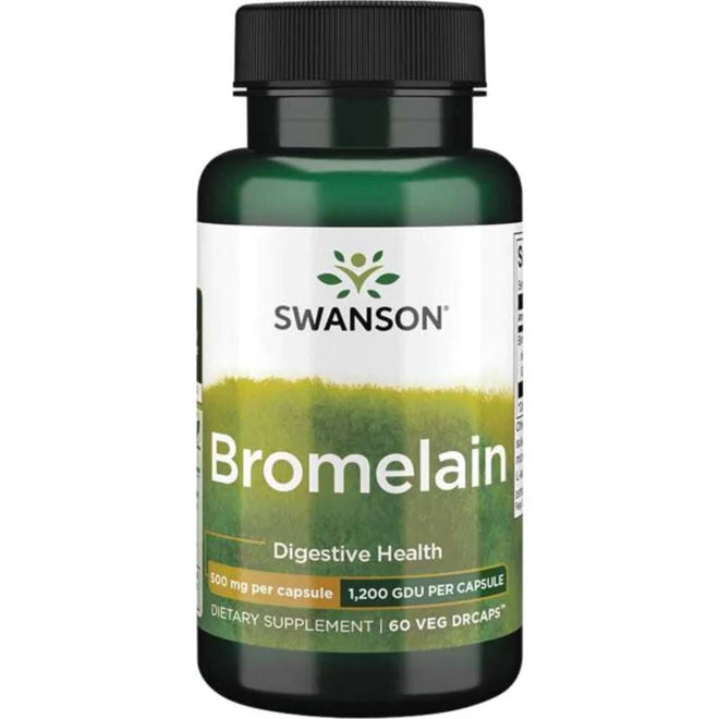 Cajas de 60 cápsulas vegetales de bromelina 500 mg de Swanson, suplemento de vitaminas y salud en envase blanco con etiqueta.
