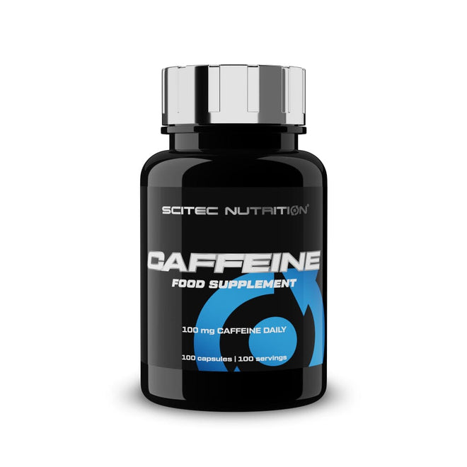 Cápsulas de cafeína de Scitec Nutrition, 100 mg por cápsula, envase con 100 cápsulas.
