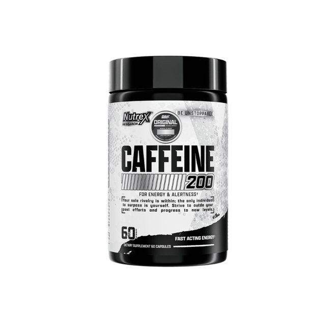 Cápsulas de cafeína Nutrex de 200 mg, 60 cápsulas, suplemento energético en envase blanco con etiqueta.