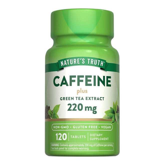 Tabletas de cafeína 200 mg y té verde de Nature's Truth, caja con 120 tabletas para energía y bienestar.