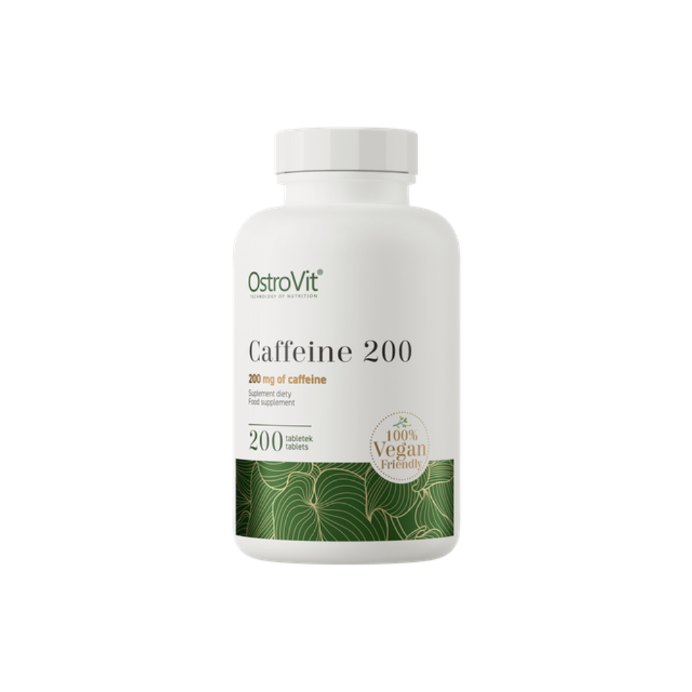 Tabletas de cafeína Ostrovit 200 mg, suplemento energético en envase con varias tabletas de cafeína vegetal.