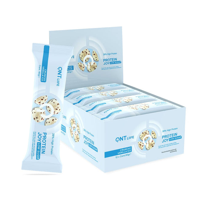 Caja de 12 barras de proteína Joybar LowSugar de QNT Sports, snack de vainilla y hielo para endurance y recuperación.