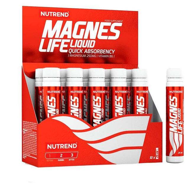 Caja de 10 shots de magnesio Magneslife de Nutrend en envase de 25 ml, producto de snacks y endurance.