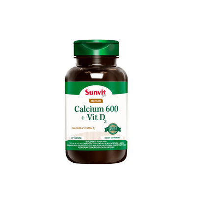 Caja de Calcio 600 mg con Vitamina D3 de Sunvit Life, 30 tabletas.