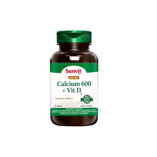 Caja de Calcio 600 mg con Vitamina D3 de Sunvit Life, 30 tabletas.